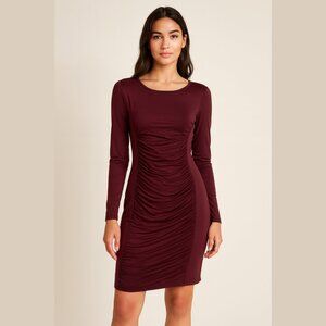 Spense, Long Sleeve Ruched Midi Stretch Dress, Deep Burgundy, Sz M